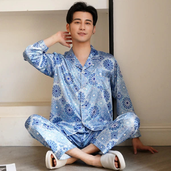 Long Sleeve Sleepwear Loungewear Luxury Mens Silk Satin Pajamas Set Soft Pyjamas