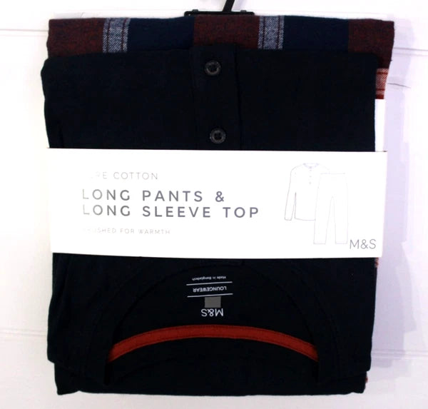 M & S Mens Pure Cotton Brushed For Warmth Pyjamas Loungewear Top & Long Pants