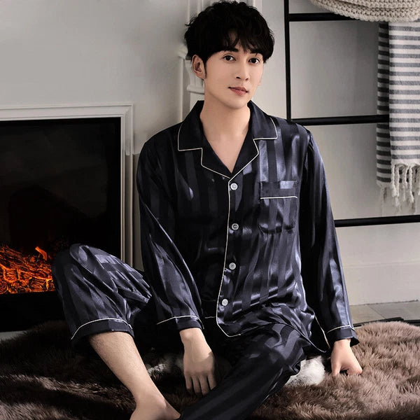 Long Sleeve Sleepwear Loungewear Luxury Mens Silk Satin Pajamas Set Soft Pyjamas