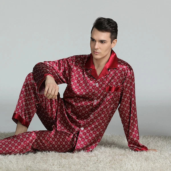 Long Sleeve Nightwear Pajamas Pyjamas Set Mens Silk Satin Sleepwear Loungewear