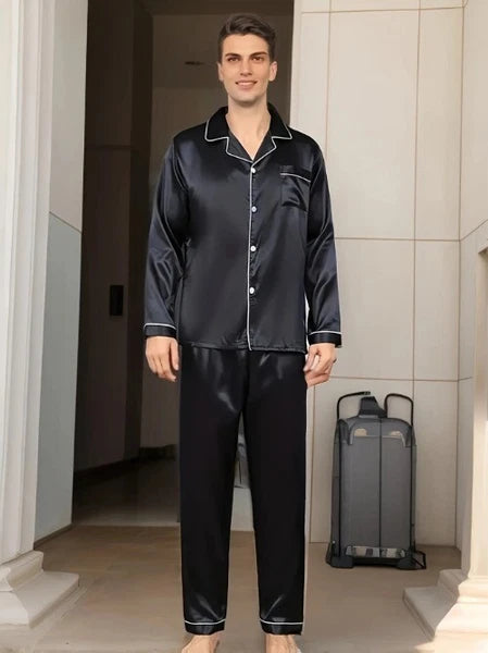Men Pajamas Set Silk Satin Sleepwear For ManShirt Long Sleeve Pijama Male Winter