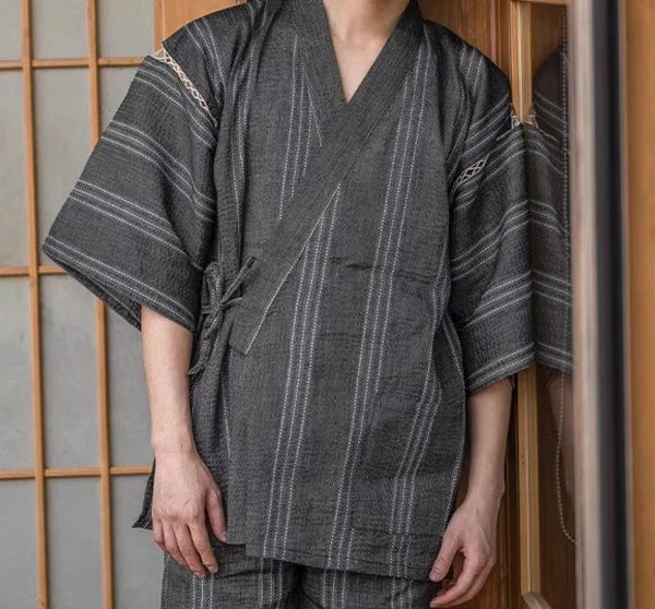 Men Japanese Kimono Pyjama Sets Yukata Jinbei Traditional Stripe Soft Nightwear