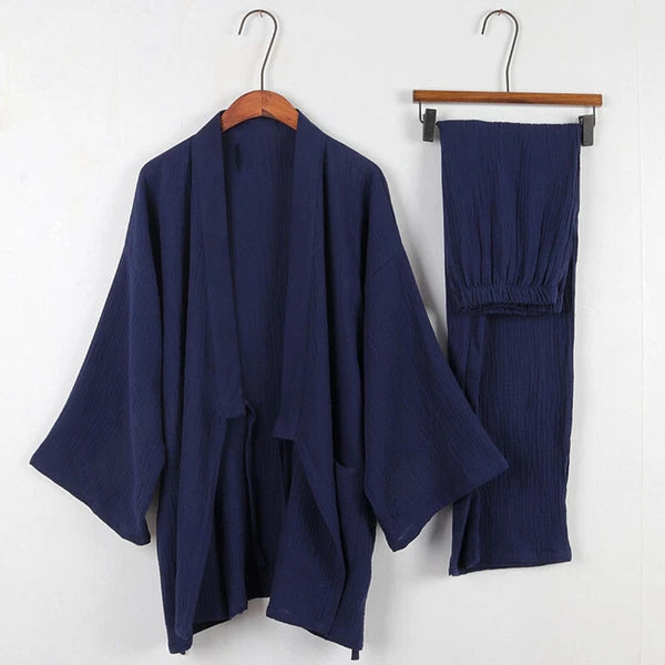 Japanese Men's Crepe Cotton Yukata Pajamas Set Kimono Top Pants Sleepwear Lounge