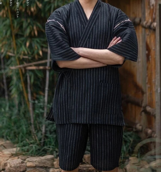 Men Japanese Kimono Pyjama Sets Yukata Jinbei Traditional Stripe Soft Nightwear