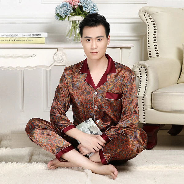 Long Sleeve Sleepwear Loungewear Luxury Mens Silk Satin Pajamas Set Soft Pyjamas