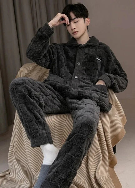 2Pcs/set Men's Pajamas Autumn Winter Padded Long-sleeved Trousers Coral Fleece