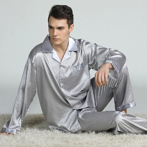 Long Sleeve Nightwear Pajamas Pyjamas Set Mens Silk Satin Sleepwear Loungewear