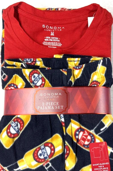 Men New SONOMA 2-Piece Pajama Set-Short Sleeves Tee/Fleece Pants-Choice Color