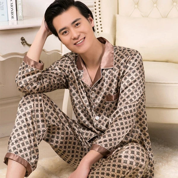 Long Sleeve Sleepwear Loungewear Luxury Mens Silk Satin Pajamas Set Soft Pyjamas