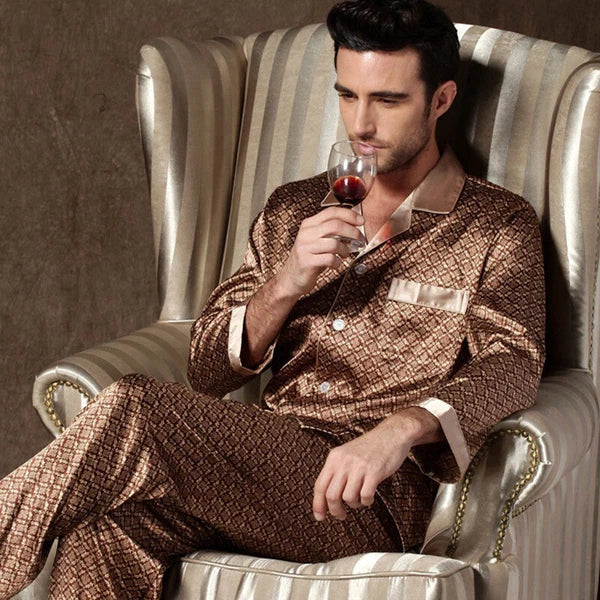 Long Sleeve Sleepwear Loungewear Luxury Mens Silk Satin Pajamas Set Soft Pyjamas