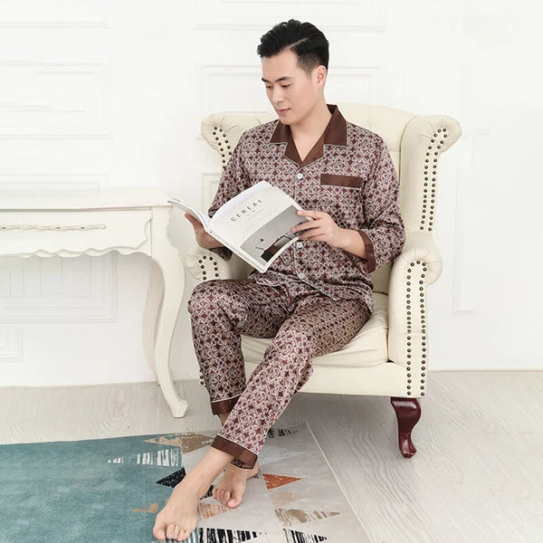 Long Sleeve Sleepwear Loungewear Luxury Mens Silk Satin Pajamas Set Soft Pyjamas