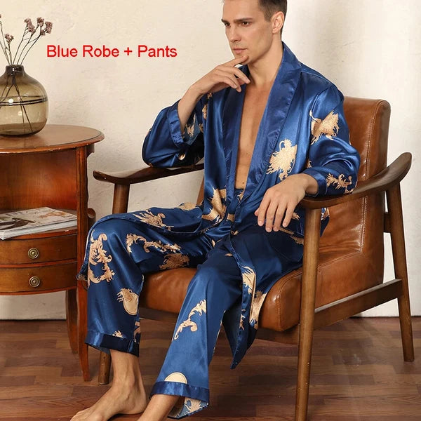 2024 New Men's Satin Pajama Robe and Pants Pajama Set Hot