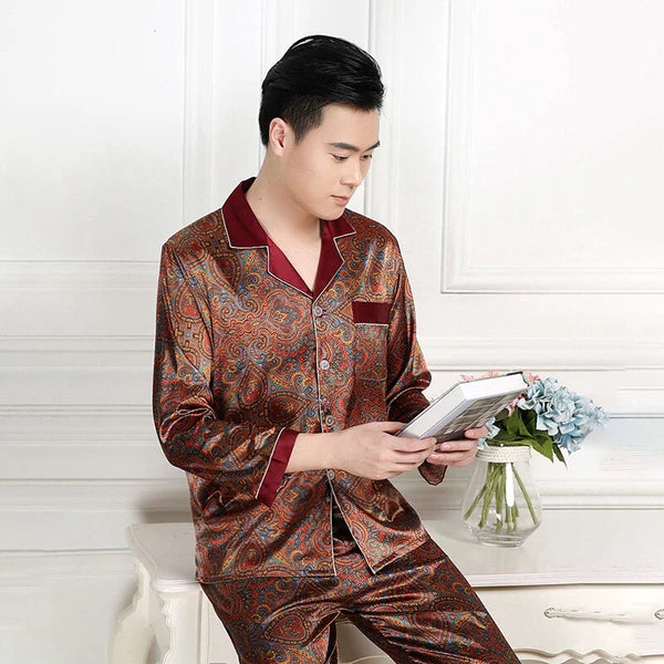 Long Sleeve Sleepwear Loungewear Luxury Mens Silk Satin Pajamas Set Soft Pyjamas
