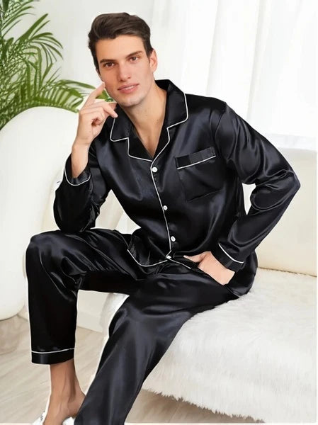 Men Pajamas Set Silk Satin Sleepwear For ManShirt Long Sleeve Pijama Male Winter