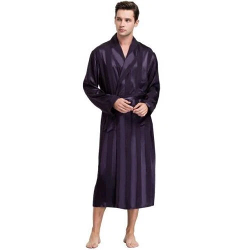 LONXU Men's Pajamas Long Sleeve Silk Satin Robe Luxury Drawstring Nightwear Sets