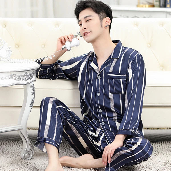 Long Sleeve Sleepwear Loungewear Luxury Mens Silk Satin Pajamas Set Soft Pyjamas