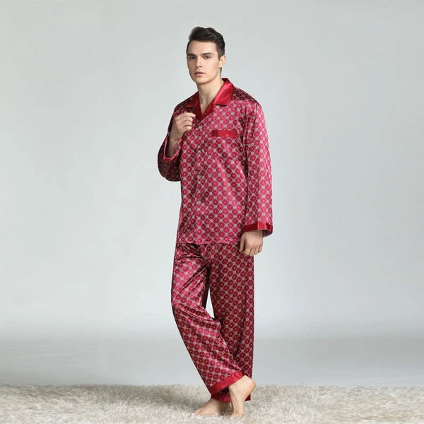 Long Sleeve Nightwear Pajamas Pyjamas Set Mens Silk Satin Sleepwear Loungewear