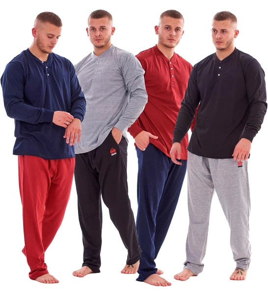 Mens Pyjama Set Cotton Jersey Henley Top Loungewear Lightweight Nightwear M-XXL