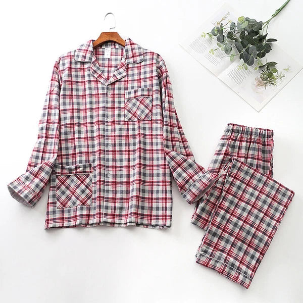 Men 100% Cotton Pajamas Set Long Sleeve Pjs Button Soft Pants Sleepwear Lounger