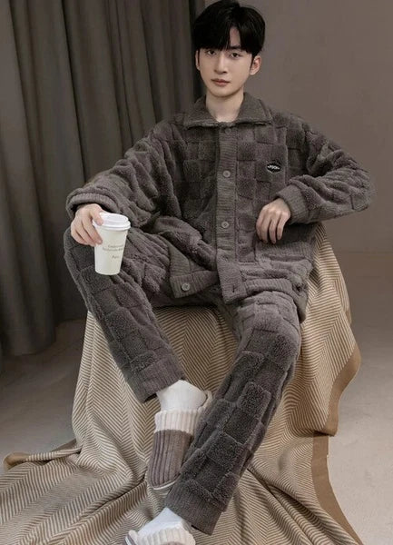 2Pcs/set Men's Pajamas Autumn Winter Padded Long-sleeved Trousers Coral Fleece