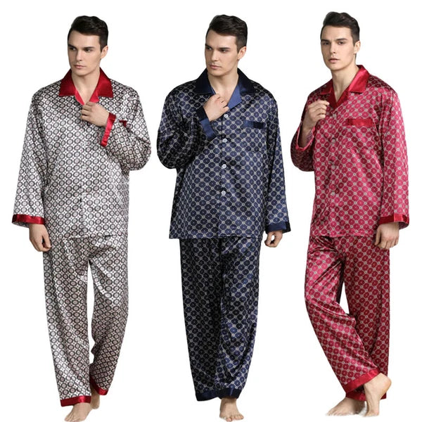 Long Sleeve Nightwear Pajamas Pyjamas Set Mens Silk Satin Sleepwear Loungewear