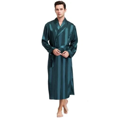 LONXU Men's Pajamas Long Sleeve Silk Satin Robe Luxury Drawstring Nightwear Sets