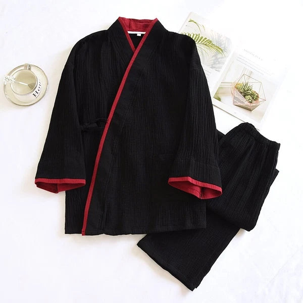 Chinese Japanese Mens Cotton Black with Red Trim Kimono Pyjama Set Sleepwear