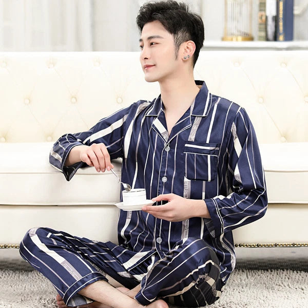 Long Sleeve Sleepwear Loungewear Luxury Mens Silk Satin Pajamas Set Soft Pyjamas
