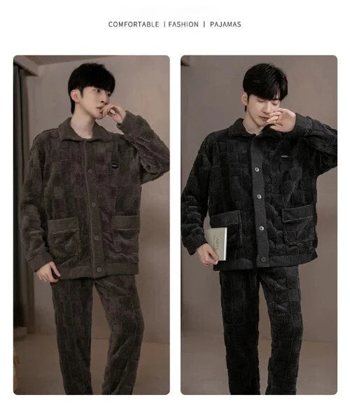 2Pcs/set Men's Pajamas Autumn Winter Padded Long-sleeved Trousers Coral Fleece