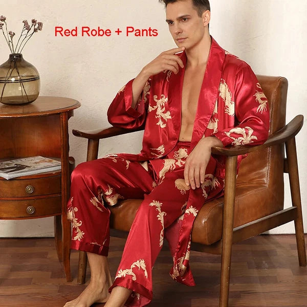 2024 New Men's Satin Pajama Robe and Pants Pajama Set Hot