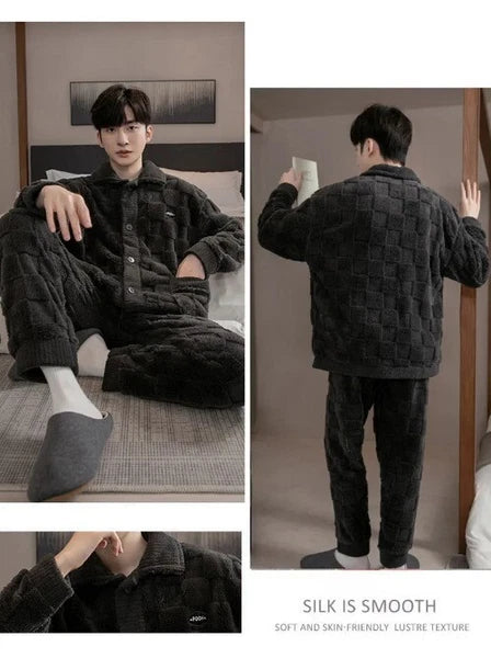 2Pcs/set Men's Pajamas Autumn Winter Padded Long-sleeved Trousers Coral Fleece
