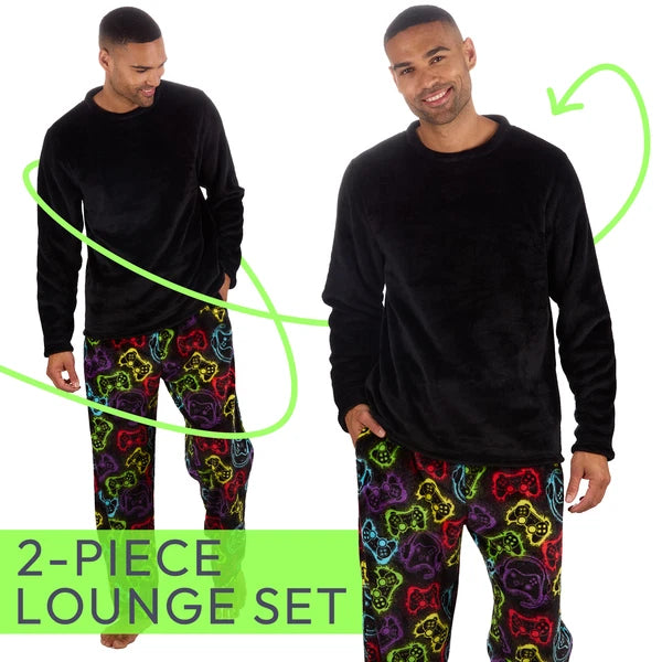 Mens Plush Fleece Lounge Set Gaming Pyjama Set Gamer Top and Bottoms PJ's S-XXL