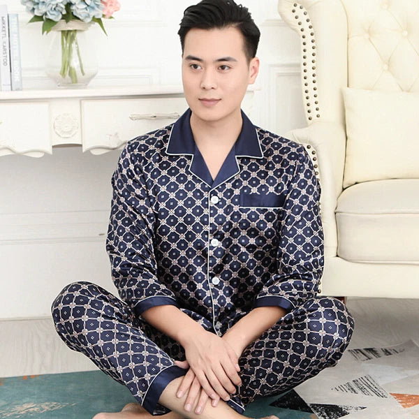 Long Sleeve Sleepwear Loungewear Luxury Mens Silk Satin Pajamas Set Soft Pyjamas