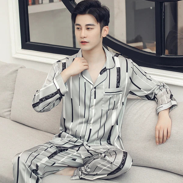 Long Sleeve Sleepwear Loungewear Luxury Mens Silk Satin Pajamas Set Soft Pyjamas