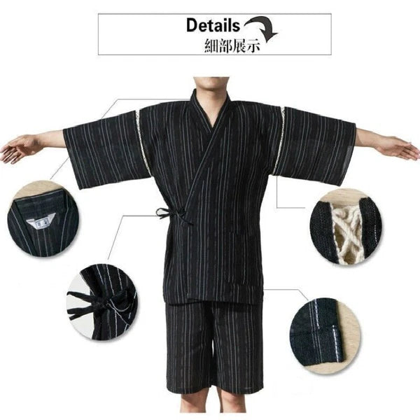 Men Japanese Kimono Pyjama Sets Yukata Jinbei Traditional Stripe Soft Nightwear