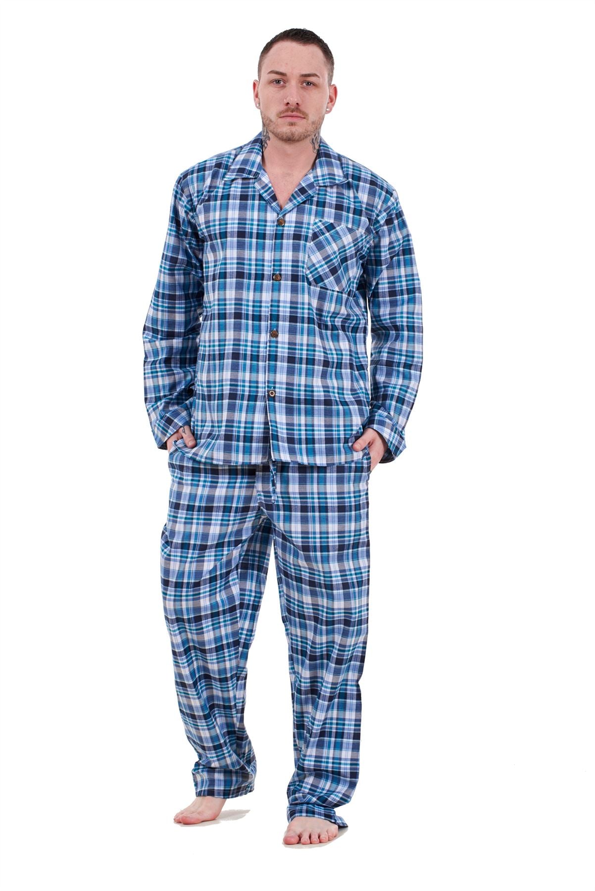 Mens Pyjama Set Yarn Dyed Woven Check Cotton Blend Loungewear Regular Big Size