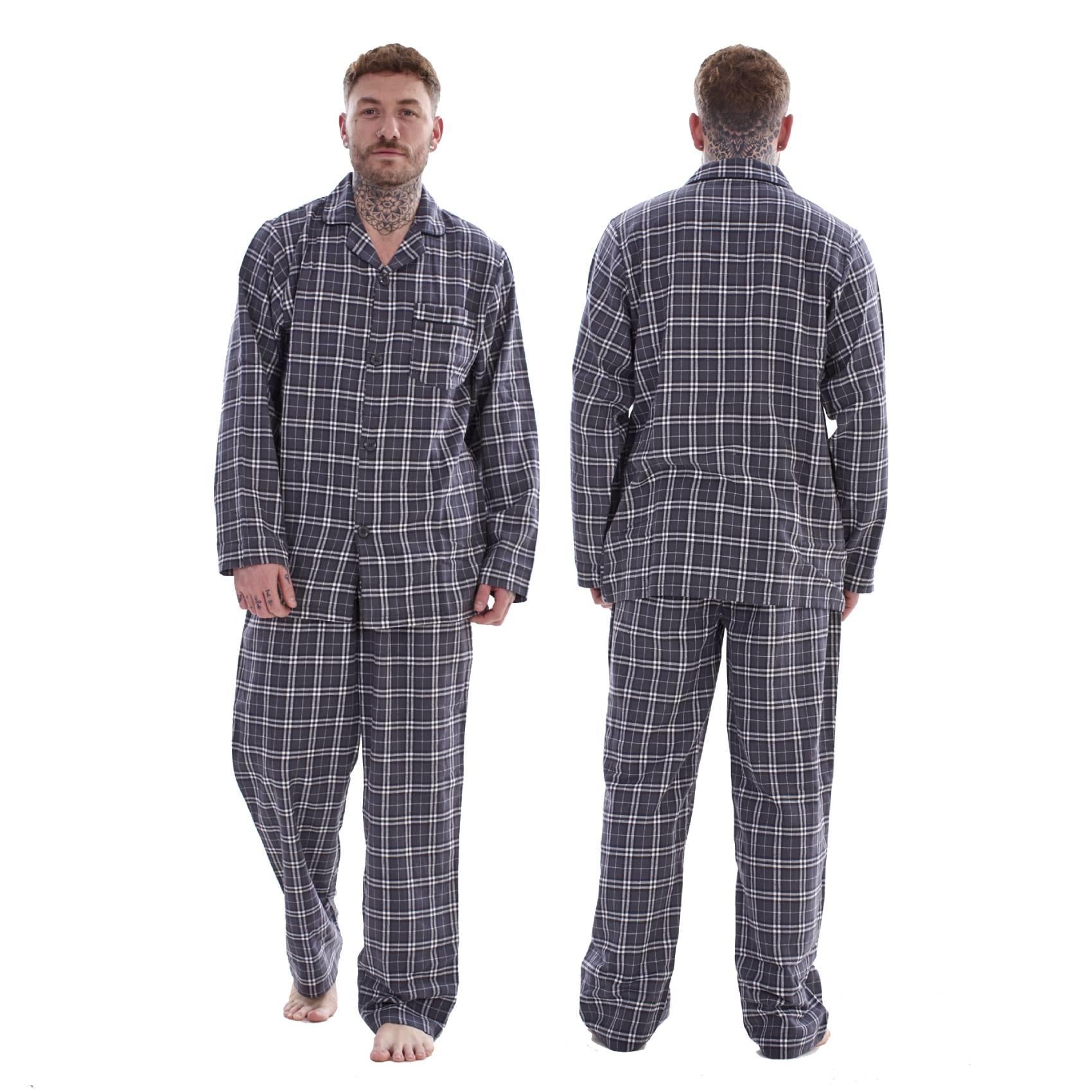Mens Thermal Flannel Pyjamas Brushed Cotton Check Stripe Winter Warm  S - 5XL
