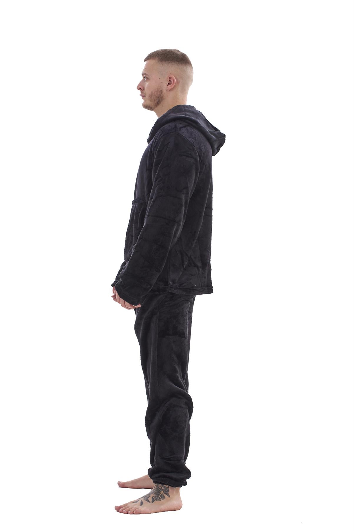 Mens Fleece Flannel Pyjama Set Hooded Warm Winter Loungewear M to XXL
