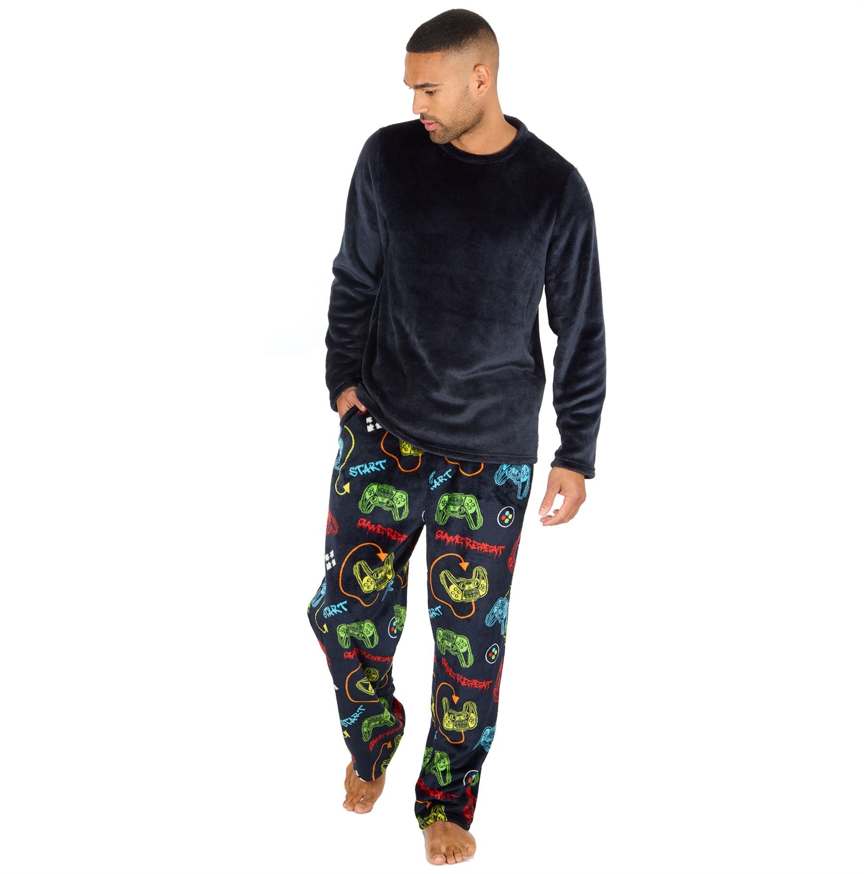 Mens Fleece Pyjamas Long Sleeve Pyjama Set Gamer Gaming Check Size S-XXL