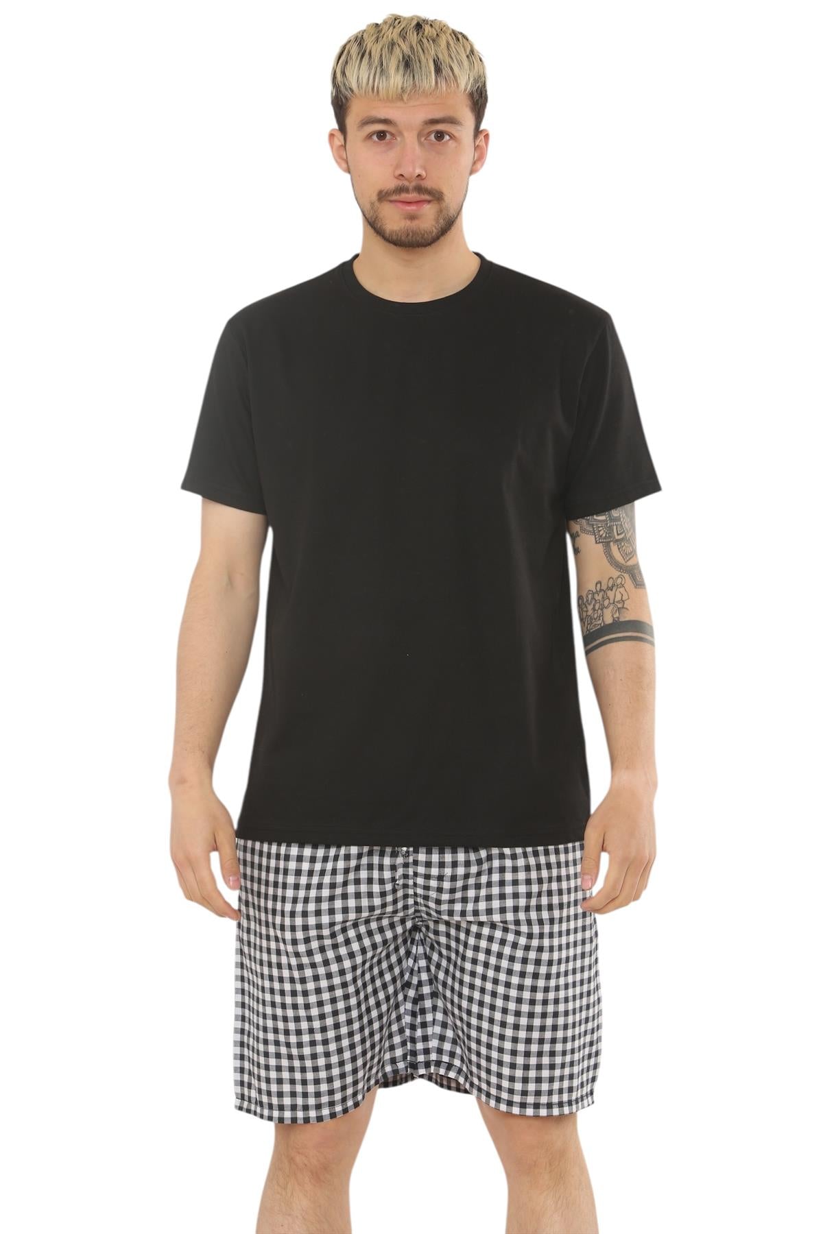 Mens Check Cotton Pyjama Set T-Shirt Woven Shorts Lounge Sleepwear Nightwear Set