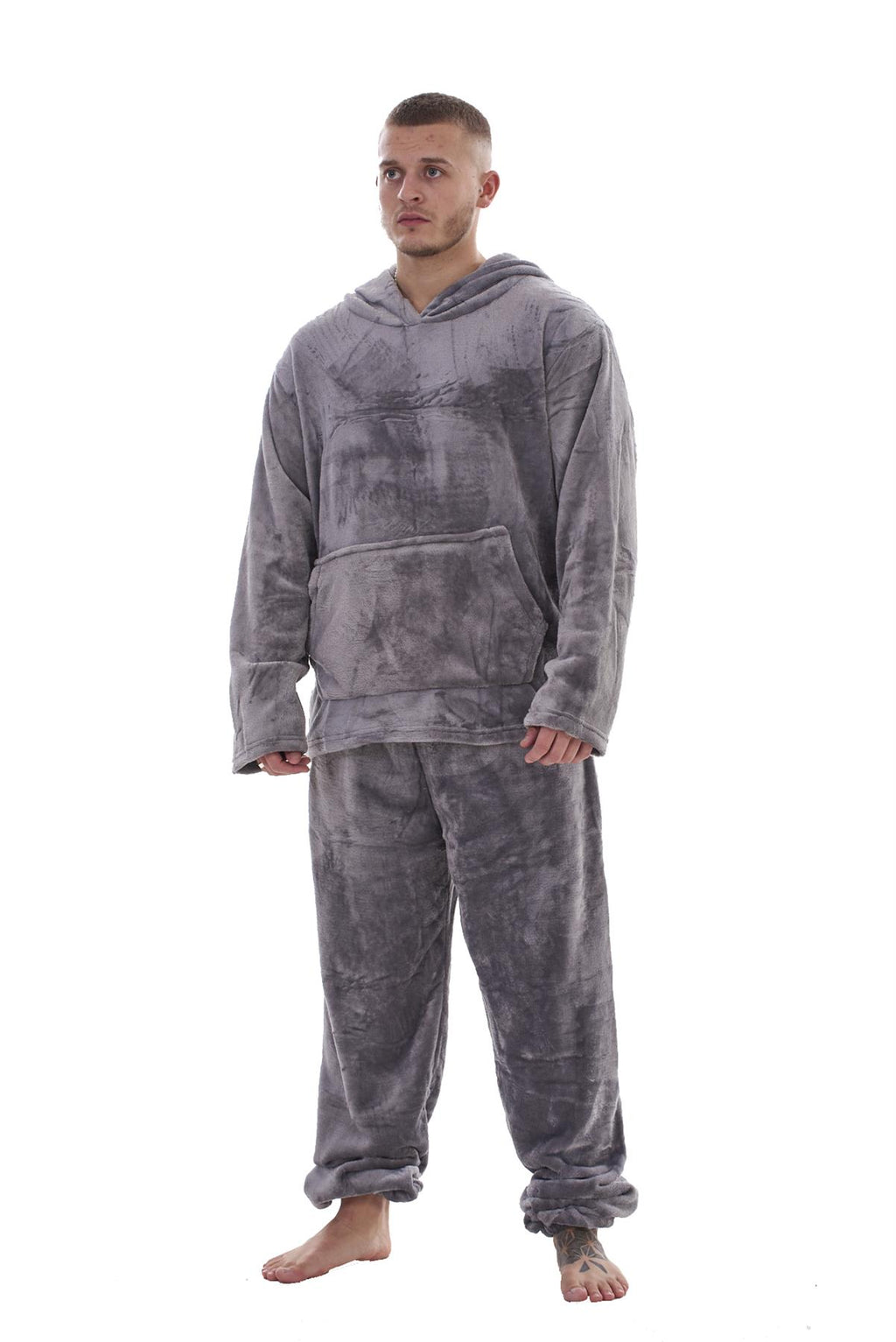 Mens Fleece Flannel Pyjama Set Hooded Warm Winter Loungewear M to XXL