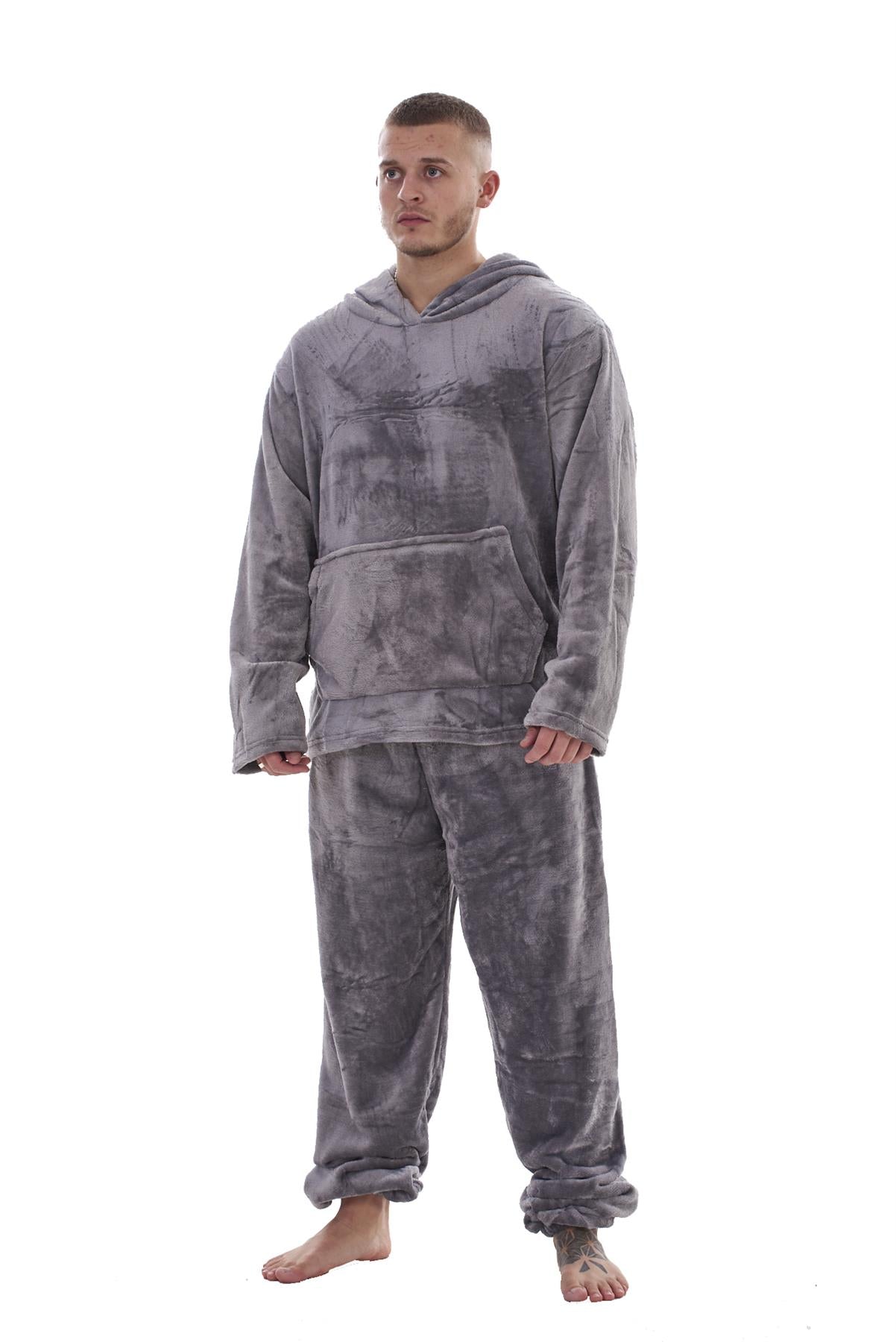 Mens Fleece Flannel Pyjama Set Hooded Warm Winter Loungewear M to XXL