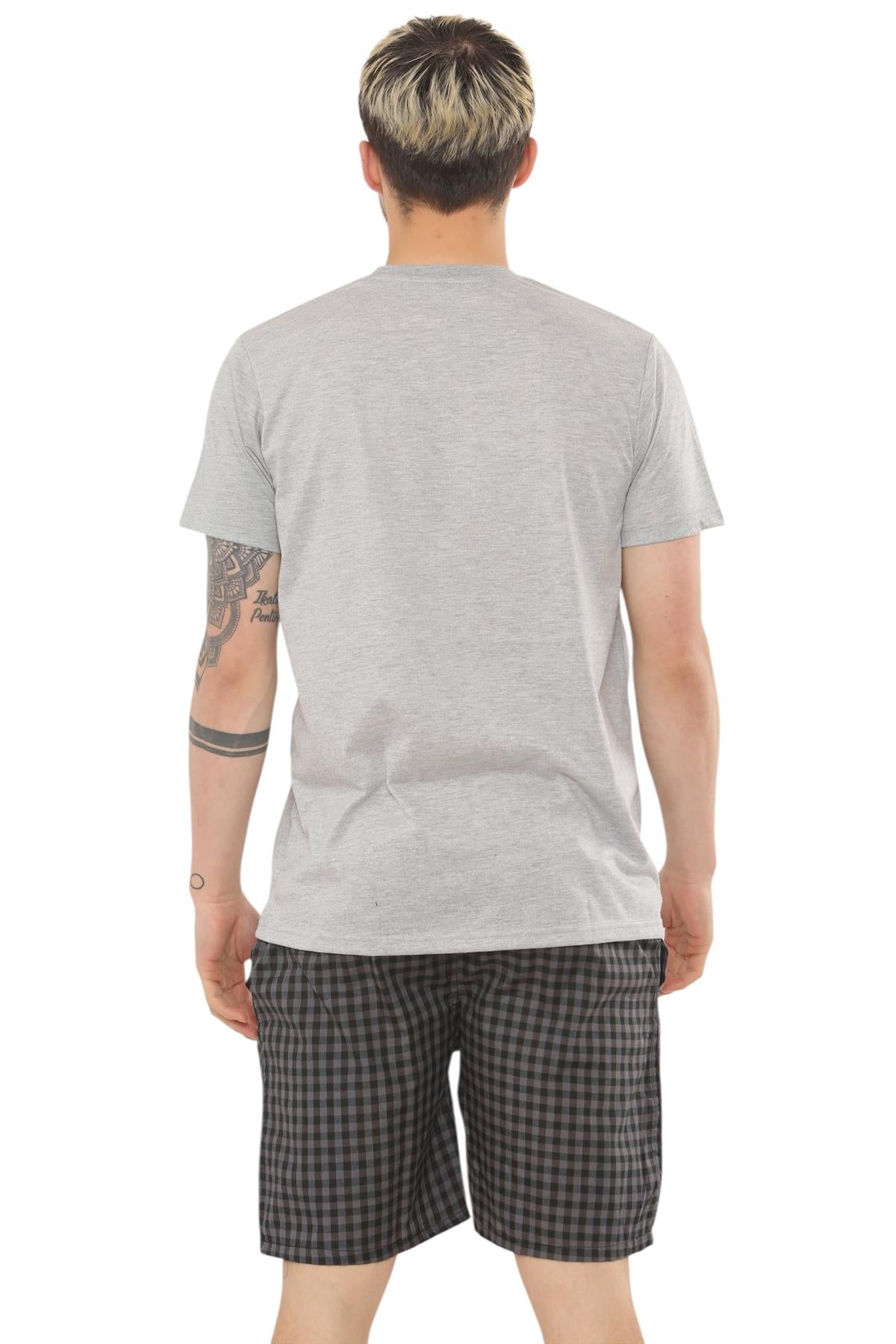 Mens Check Cotton Pyjama Set T-Shirt Woven Shorts Lounge Sleepwear Nightwear Set
