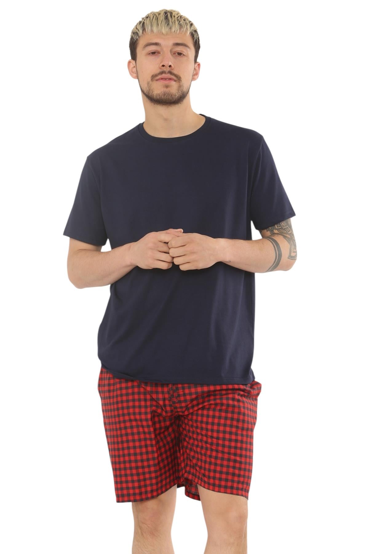 Mens Check Cotton Pyjama Set T-Shirt Woven Shorts Lounge Sleepwear Nightwear Set