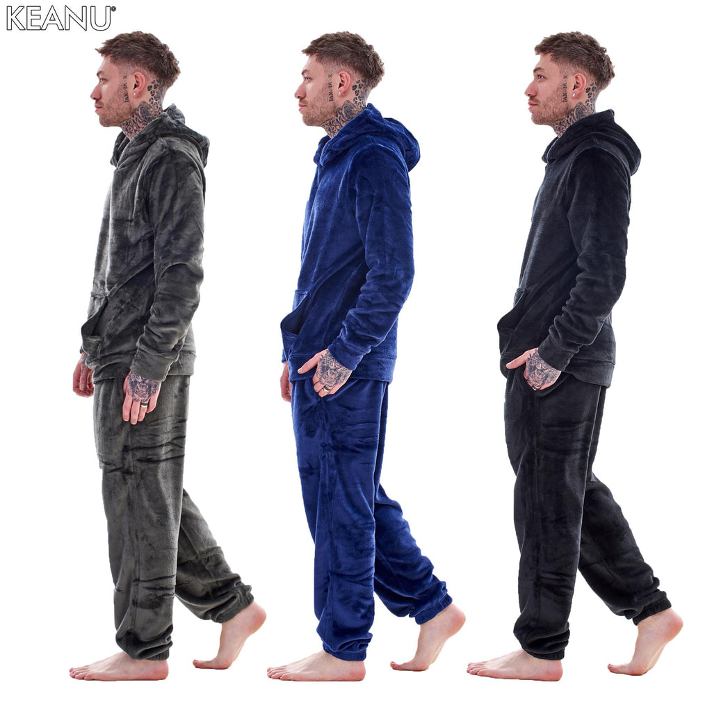 Mens Luxury Flannel Fleece Hooded Pyjamas Twosies Crew Neck Lounge Set Soft Warm