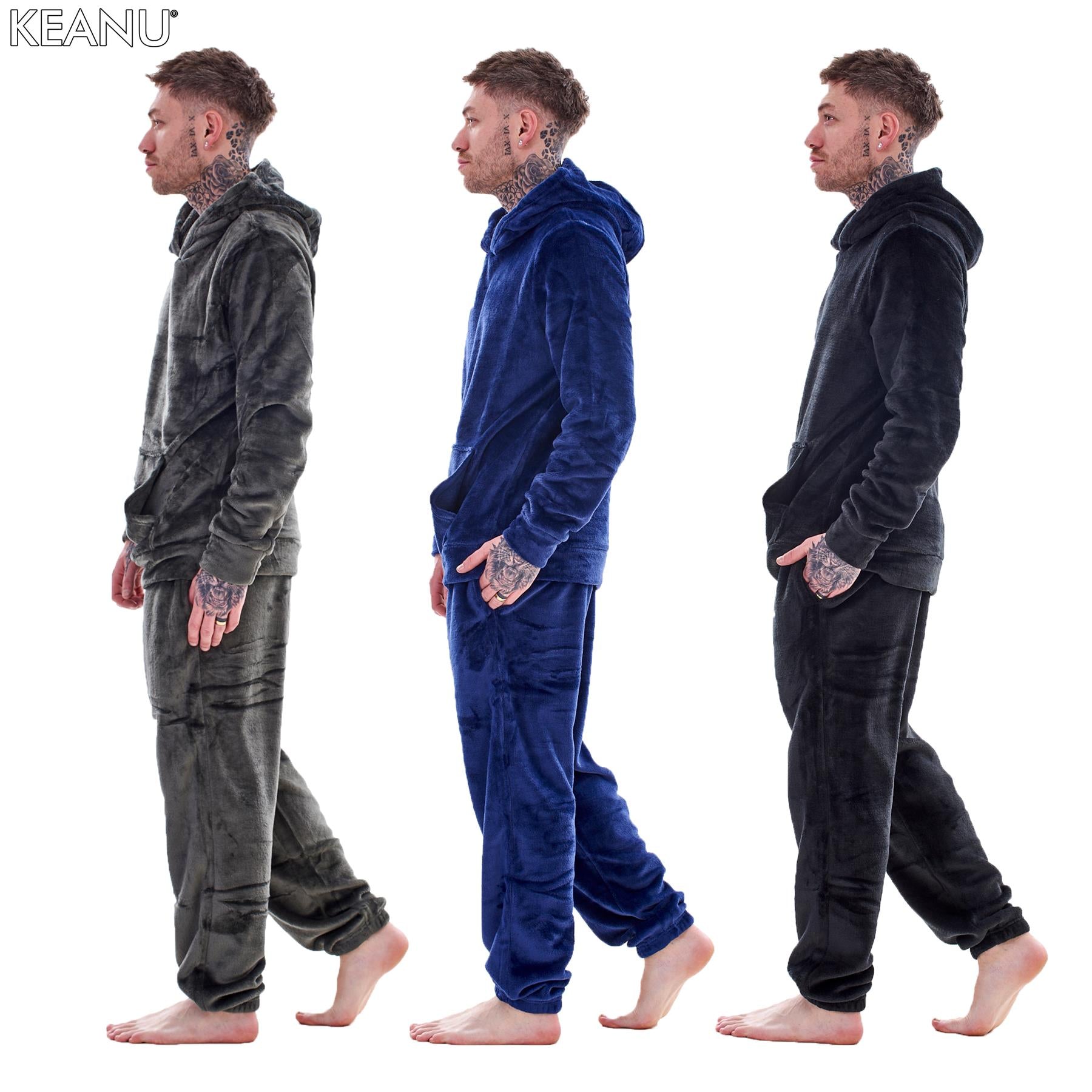 Mens Luxury Flannel Fleece Hooded Pyjamas Twosies Crew Neck Lounge Set Soft Warm