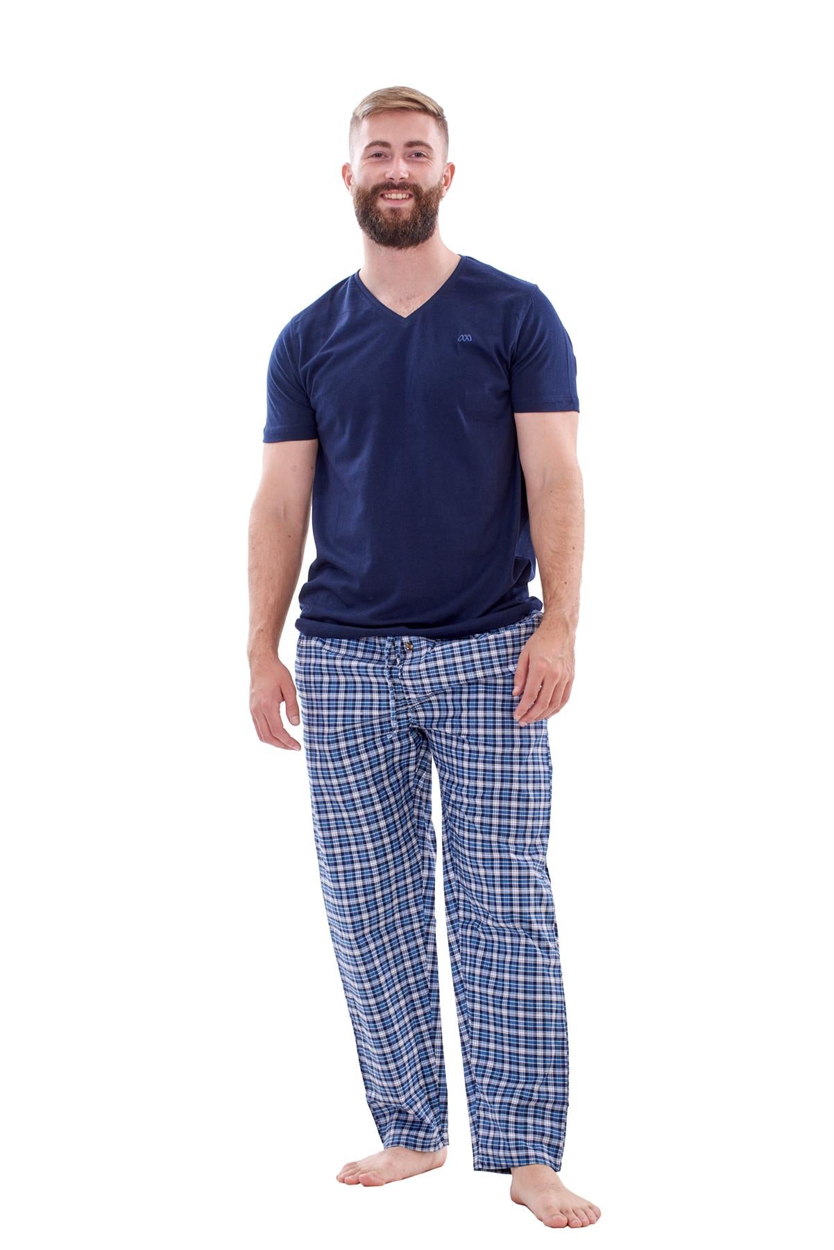 Mens Nightwear Pyjama Set Woven Cotton Check Jersey Top Loungewear Lightweight
