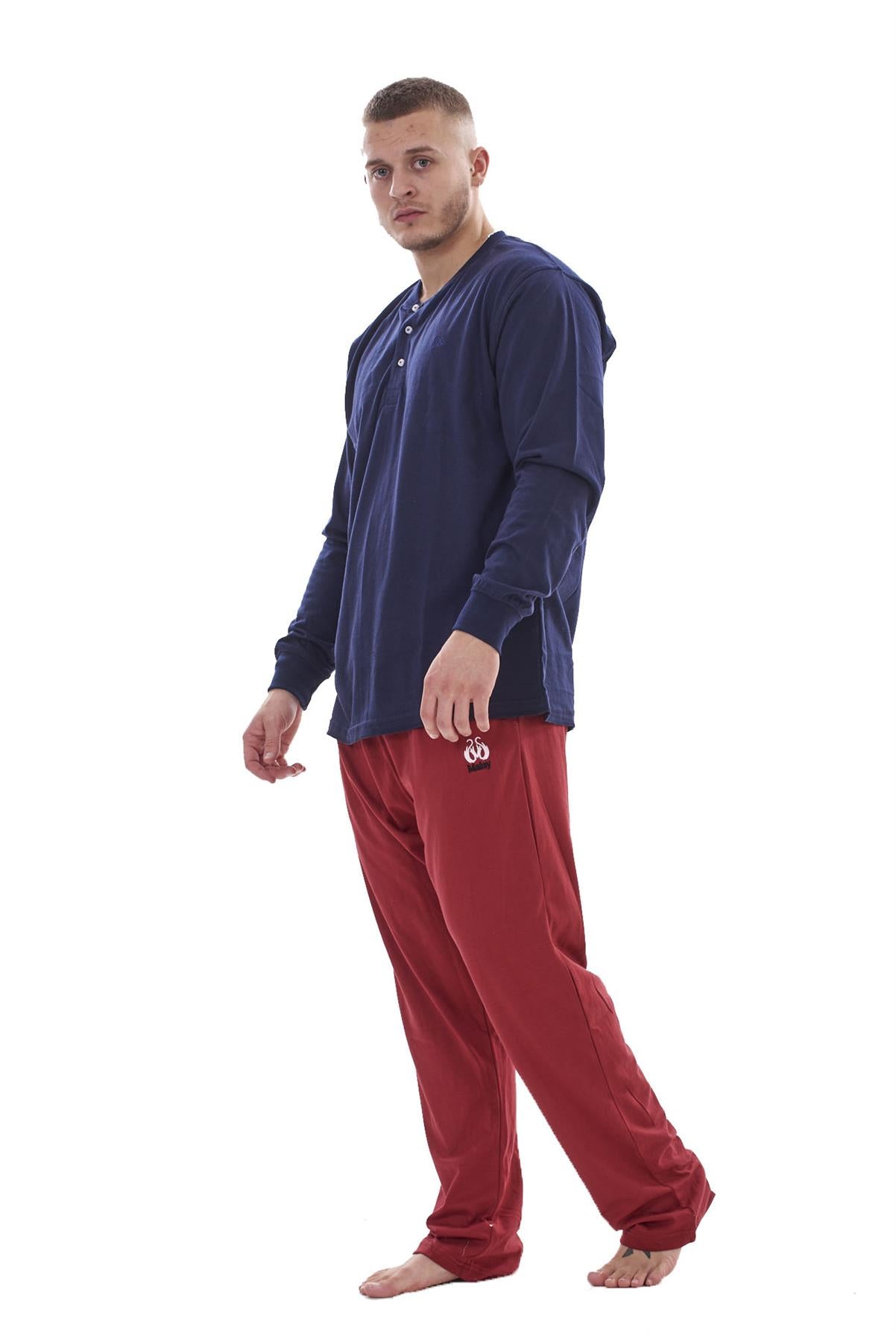 Mens Pyjama Set Cotton Jersey Henley Top Loungewear Lightweight Nightwear M-XXL