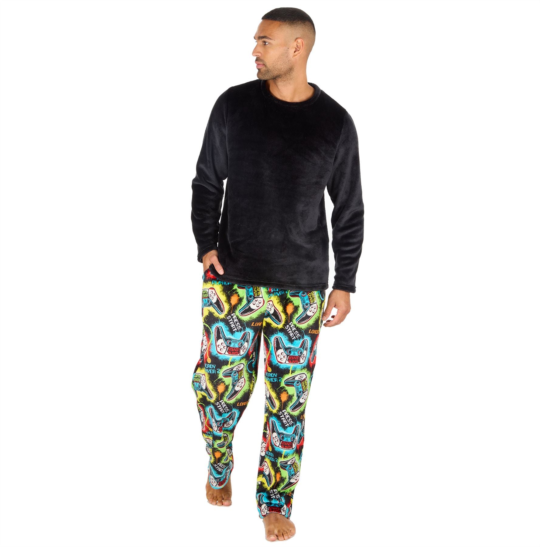Mens Fleece Pyjamas Long Sleeve Pyjama Set Gamer Gaming Check Size S-XXL