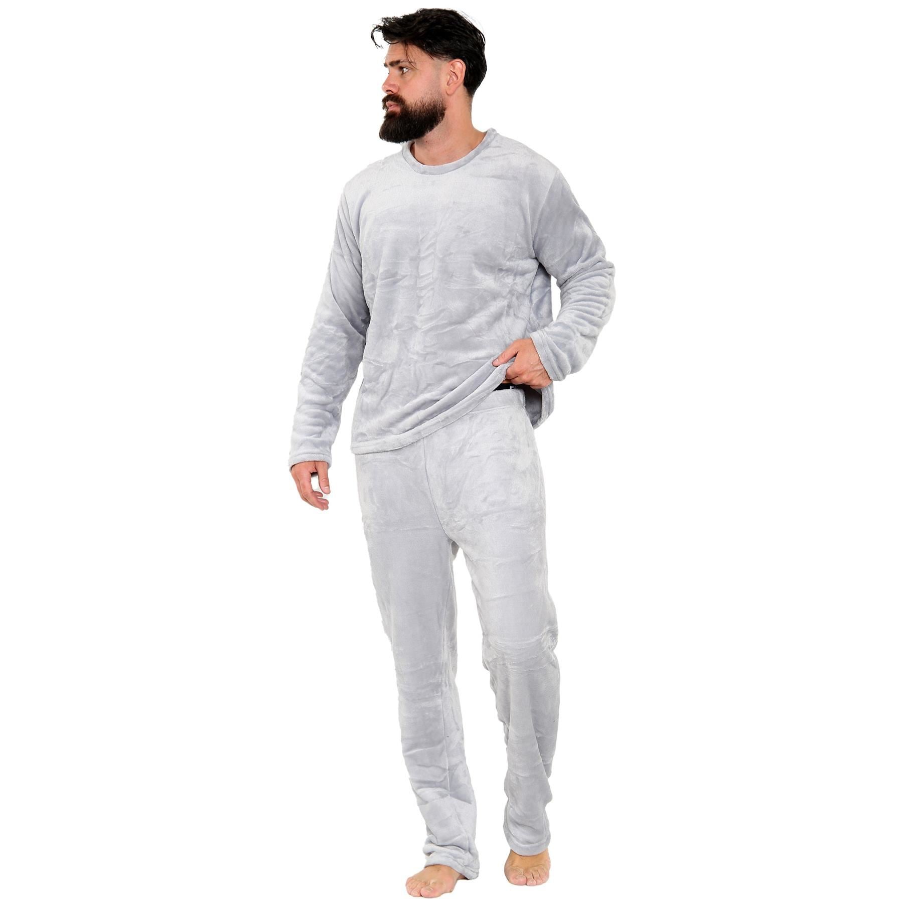 Mens Pyjamas Soft Warm Fleece Adults Crew Neck Pyjamas 2 Piece Gift Set For Mens